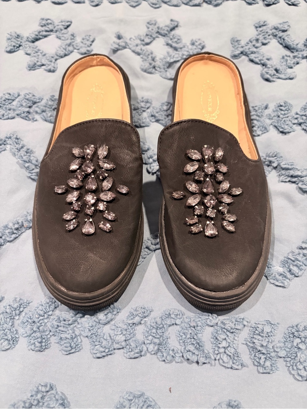 Joyfolie Black Jeweled Slip-On Mules
